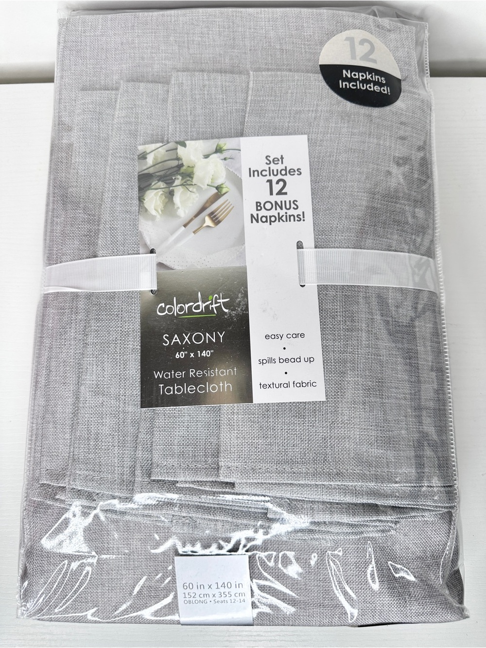 New Colordrift Saxony 60” x 140” Oblong Tablecloth Water Resistant + 12 Napkins